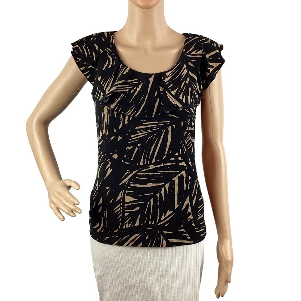 Chaps Top Size S Tan Black Leaf Print Ruffle Neck Sleeveless